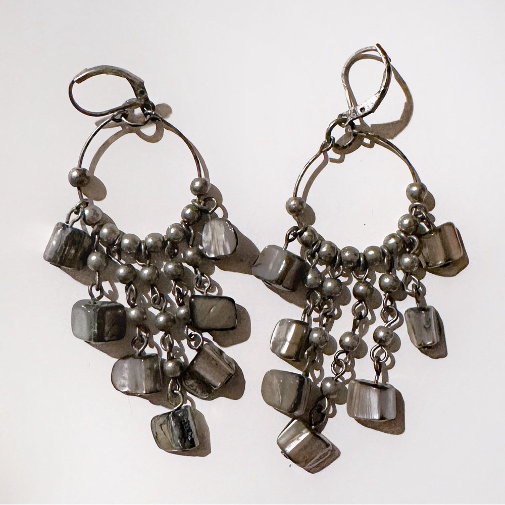 Silver Opalescent Beaded Hoop Chandelier Earrings Y2K Grey Polished Stone Beads